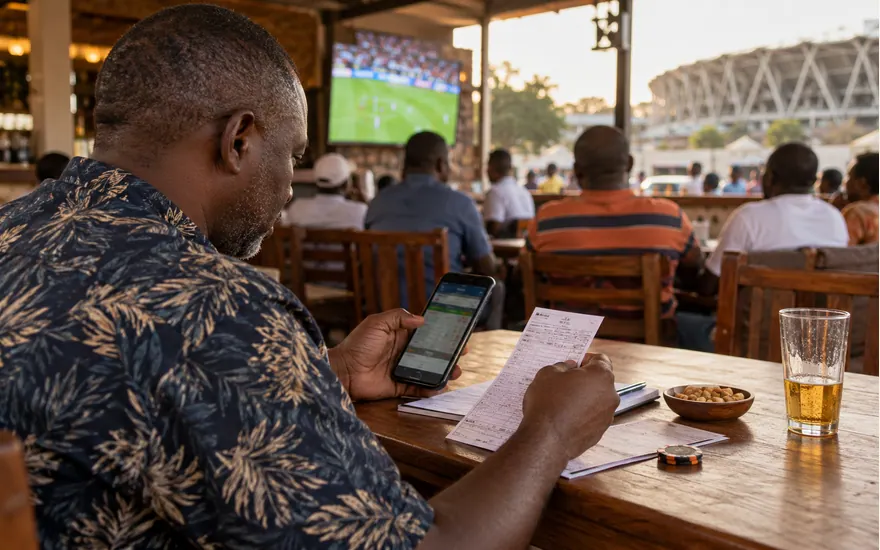 An adult reviews public betting rules beside a paper coupon