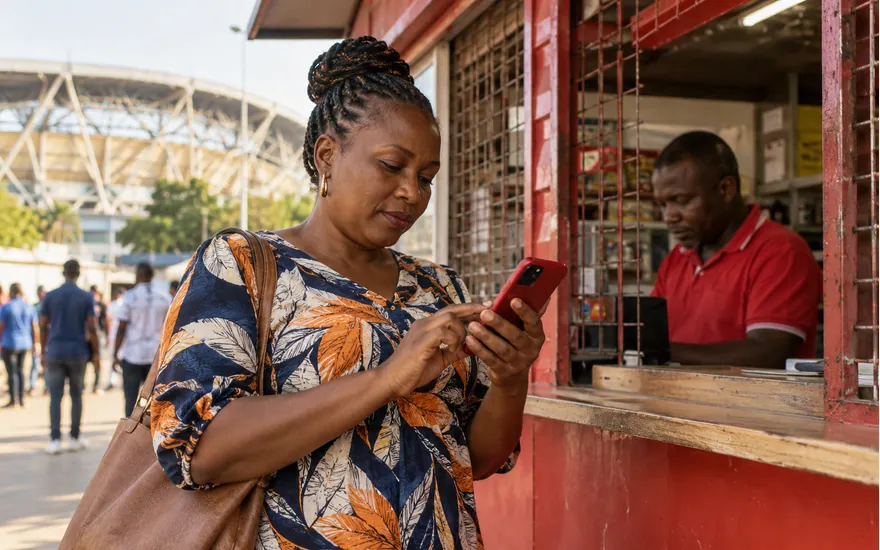 An adult reviews a red-cased phone before approving a wallet payment