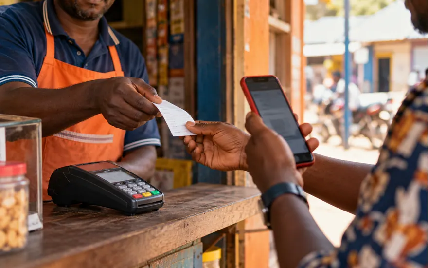 Hands compare a payment receipt and phone beside an agent terminal
