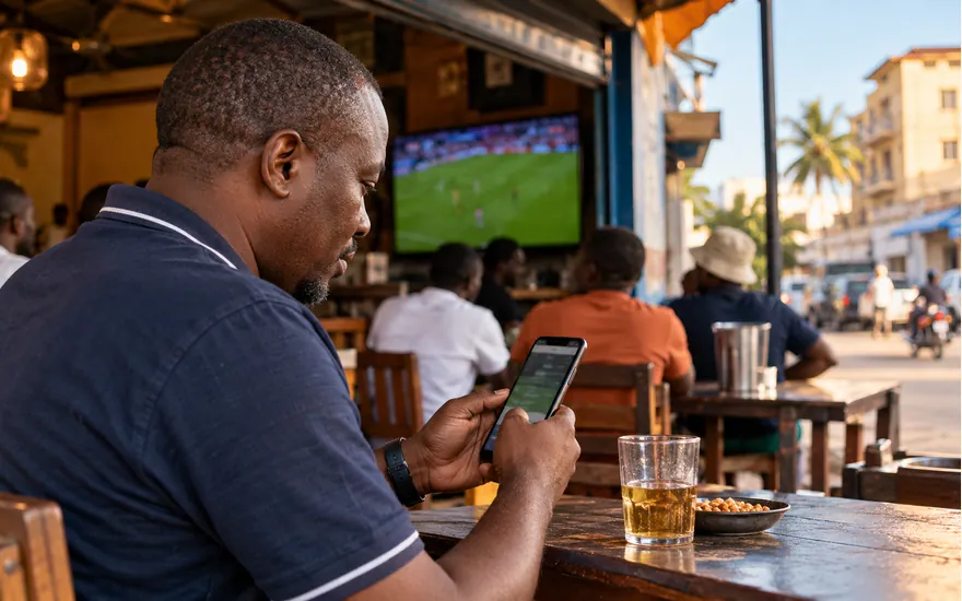 An adult uses a betting phone outside a Tanzanian football viewing venue