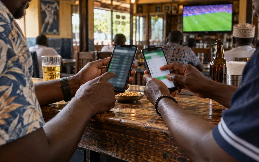 Two phones with blurred football betting screens compared on a Tanzania sports-bar counter