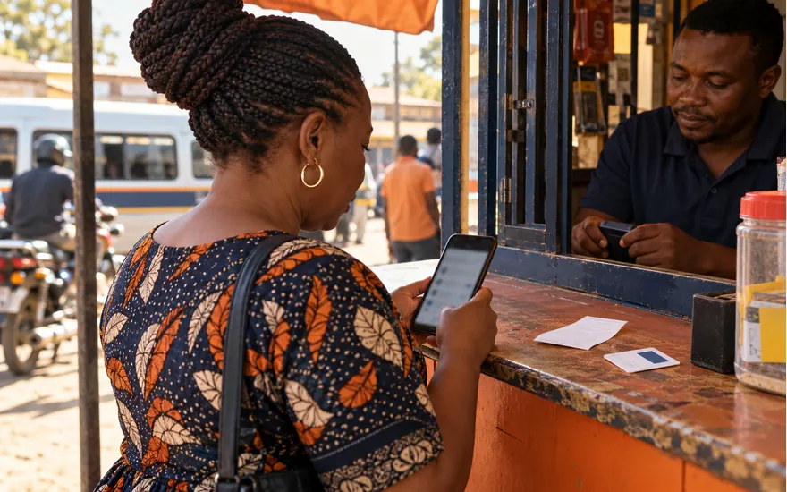 An adult checks a betting slip beside a Tanzania mobile-money agent counter