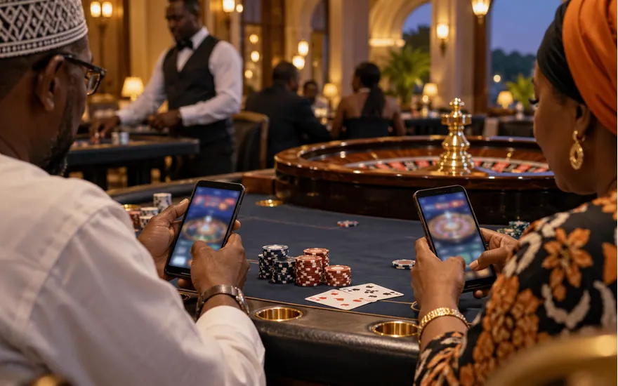 Two casino phones and roulette chips illustrate comparing exact game versions