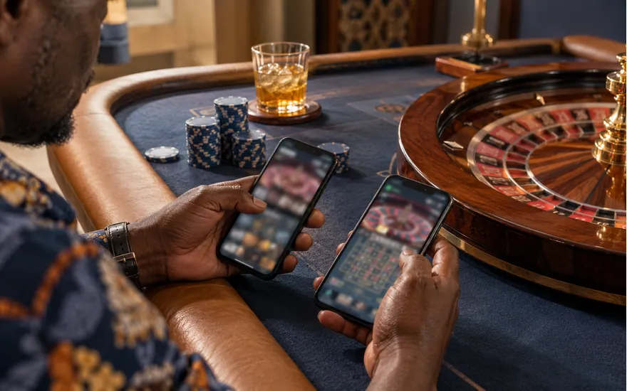 An adult compares two casino interfaces beside a green felt table