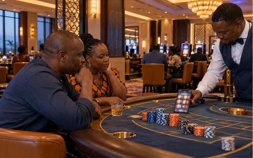 Casino chips and a phone displaying abstract slot symbols beside an adult dealer hand