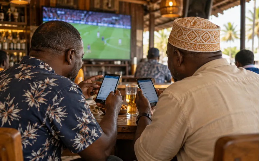 Two adult football viewers compare betting slips on their phones