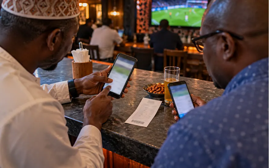One adult shows a betslip to another without sharing private account credentials