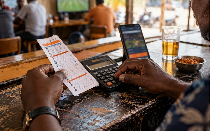 An adult compares a sports coupon with a calculator before accepting an offer