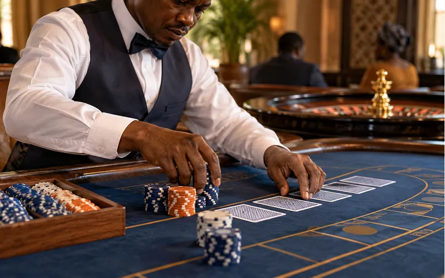 A dealer arranges chips and cards on a green casino table