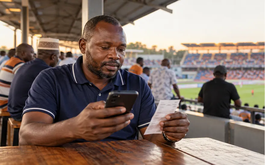 A customer checks a support conversation beside a betting receipt