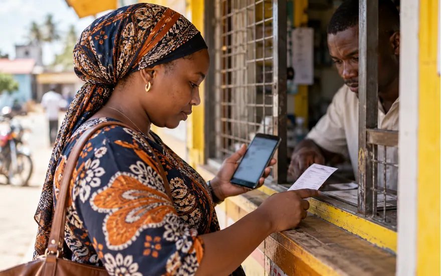 An adult compares a transaction record with a receipt at a mobile-money counter