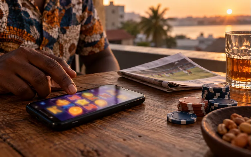 A phone with slot symbols and chips illustrates a restricted spin reward