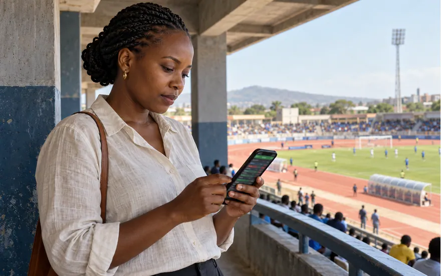 Adult Tanzanian spectator reviewing a phone beside a stadium football pitch