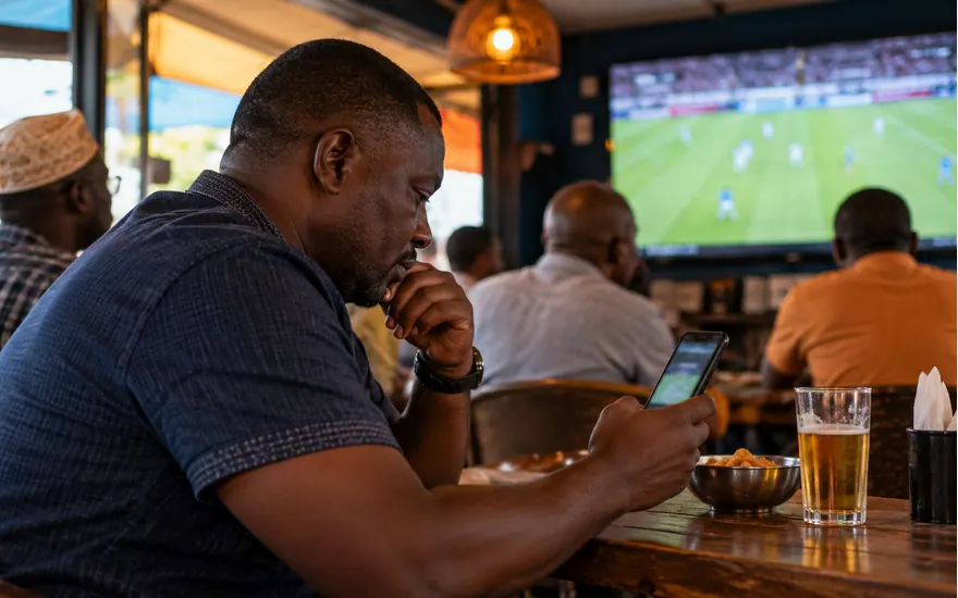 A viewer checks a phone while a football match plays in a local bar
