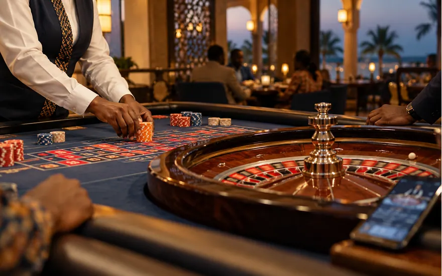 A roulette table and phone illustrate a streamed live-casino session