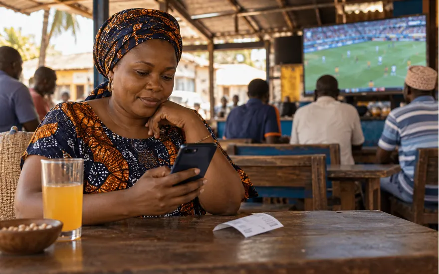 An adult football viewer checks the sign-in screen on a phone