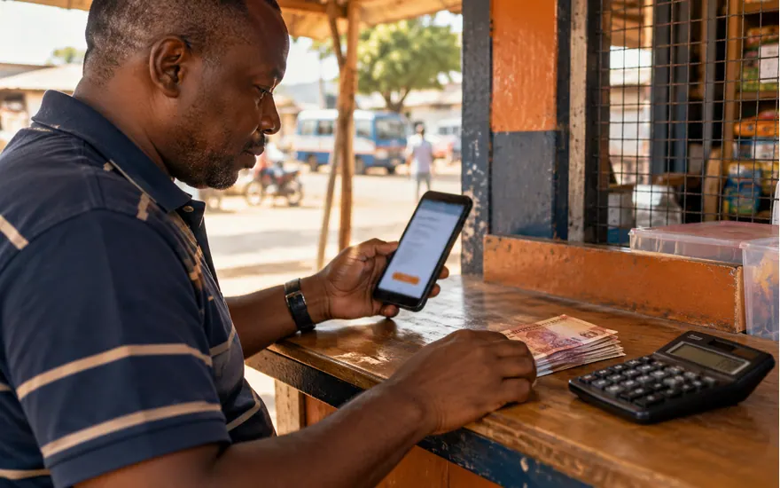 Banknotes, a calculator and phone illustrate checking an affordable deposit amount