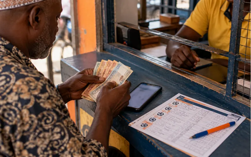 Hands count a small amount of cash beside a phone and betting coupon
