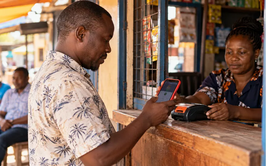 A customer checks a red-cased phone at a Tanzanian payment-agent counter