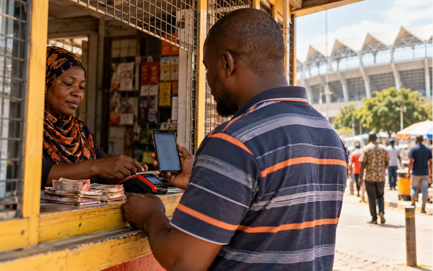 A phone, payment terminal and banknotes illustrate a Tanzania deposit route