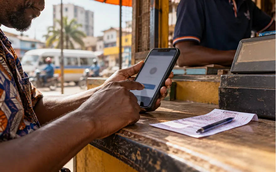 A customer checks a wallet approval beside a cash register
