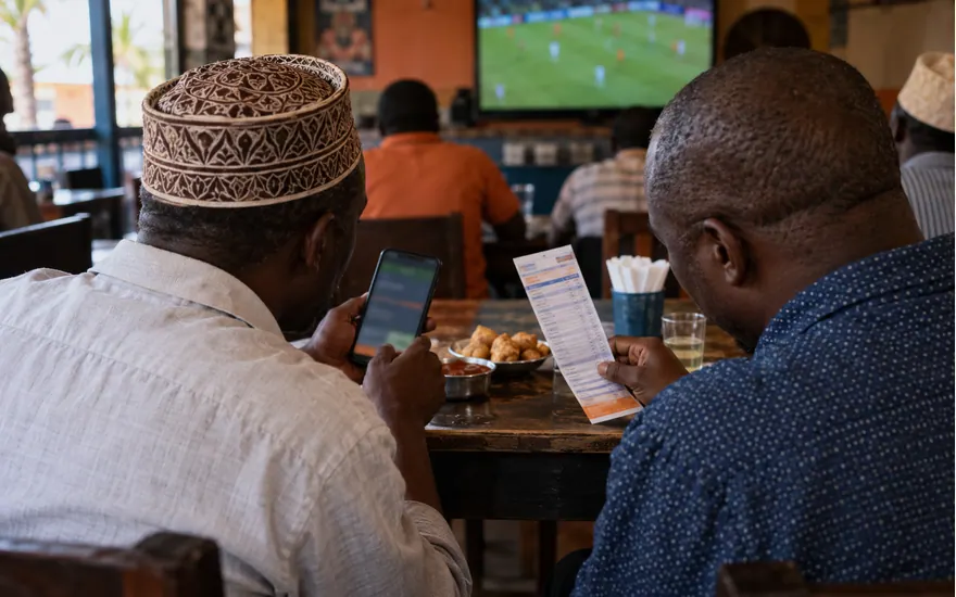 Two adults compare football coupons without sharing private account codes