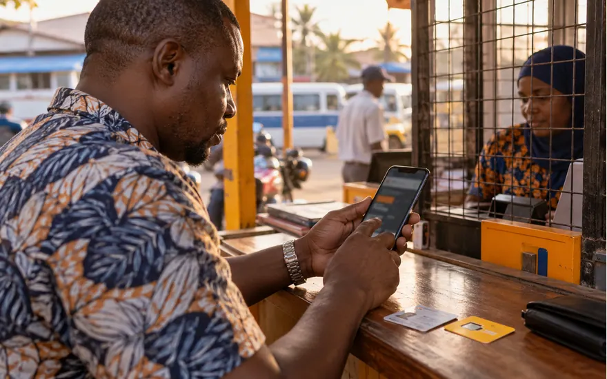 An adult checks a registration form beside an ID and SIM at a Tanzanian payment counter