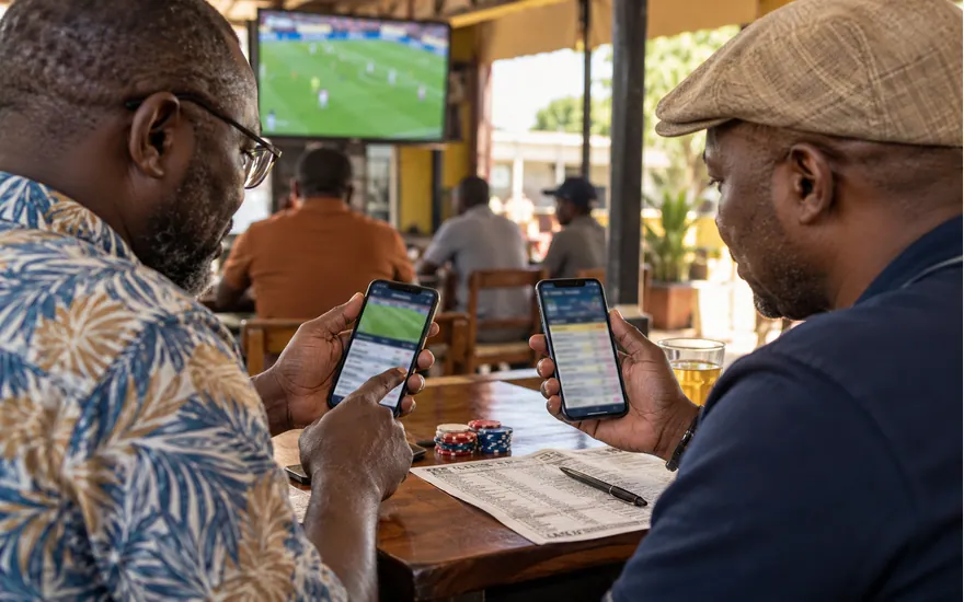 Two phones and paper coupons illustrate a comparison of betting services