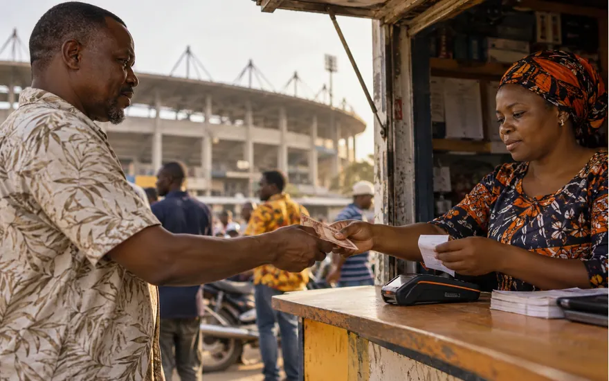 An adult passes banknotes to a payment agent beside a terminal