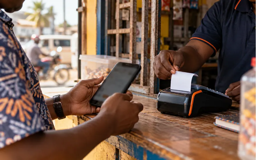 A customer checks a payment receipt printed at an agent counter