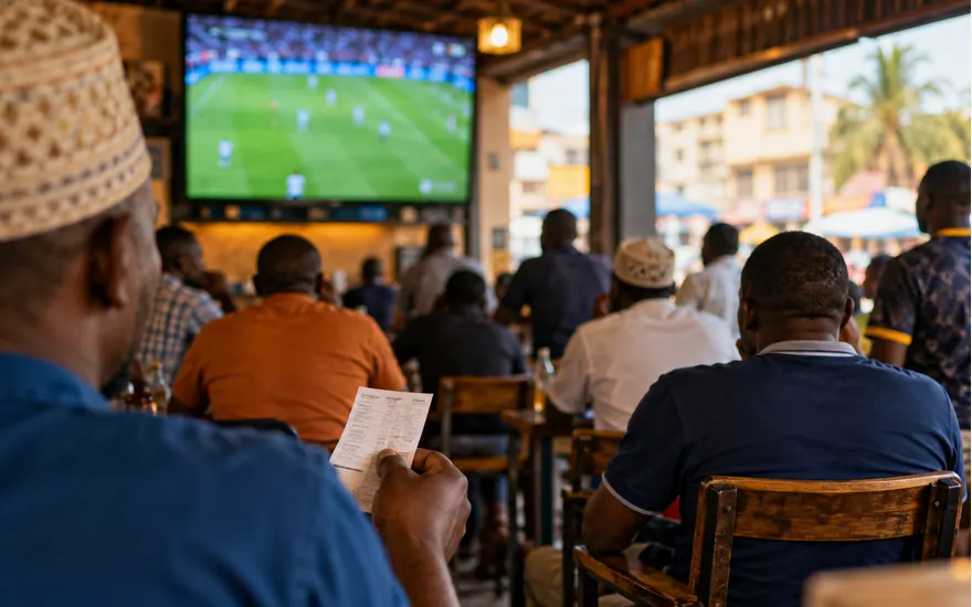 An adult holds a football coupon while a televised match plays