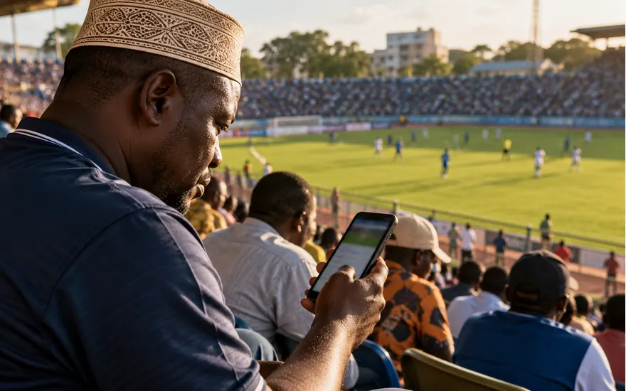 An adult checks a football slip on a phone beside stadium seating