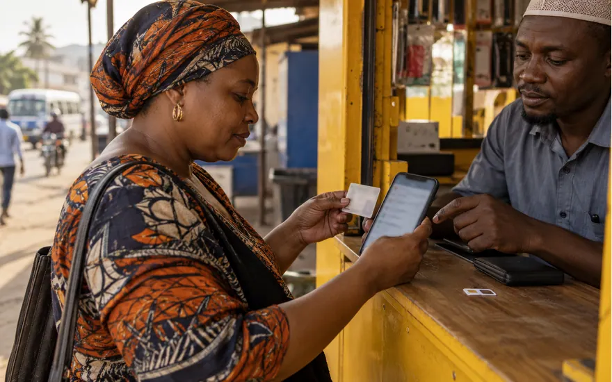 Mtu mzima anakagua fomu kwenye simu pamoja na kitambulisho katika kituo cha malipo
