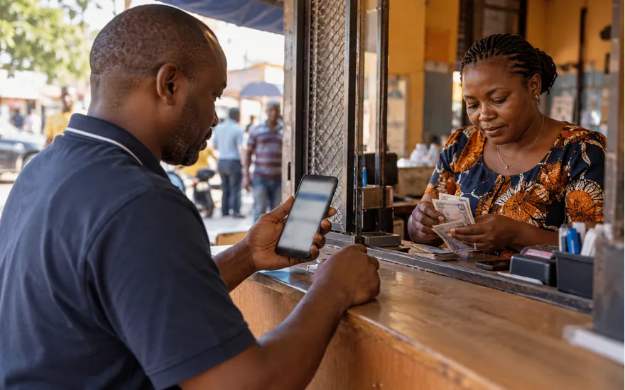 Mteja anakagua ombi la kutoa pesa huku wakala akihesabu noti