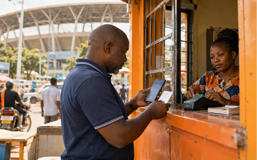 Mteja anakagua ombi la pochi kwenye simu katika kituo cha malipo
