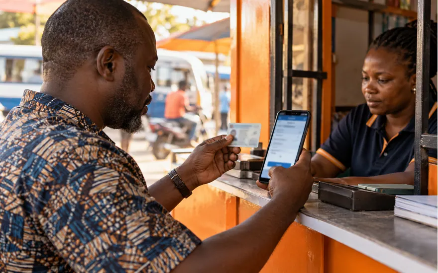 An adult compares an identity record with an account screen at a payment counter