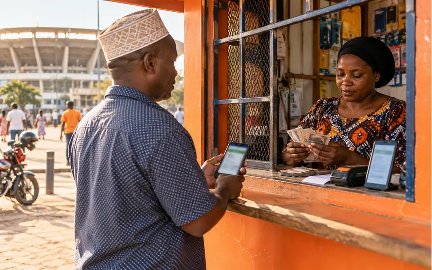 A Tanzanian cashier counts banknotes while a customer checks a phone